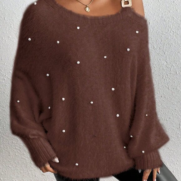 Coffee Brown Casual Women's Fuzzy Oblique Shoulder Beaded Sweater - Picture 4 of 6